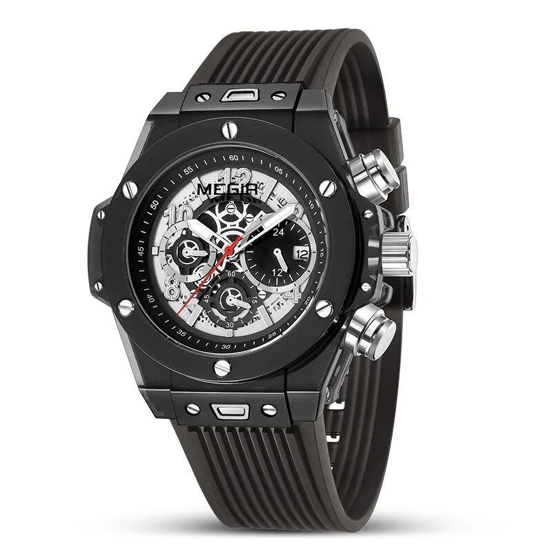 MEGIR Fashion Chronograph Men Watches Transparent Case Silicone Band Sport Wristwatch Top Brand Luxury Quartz Clock with Date