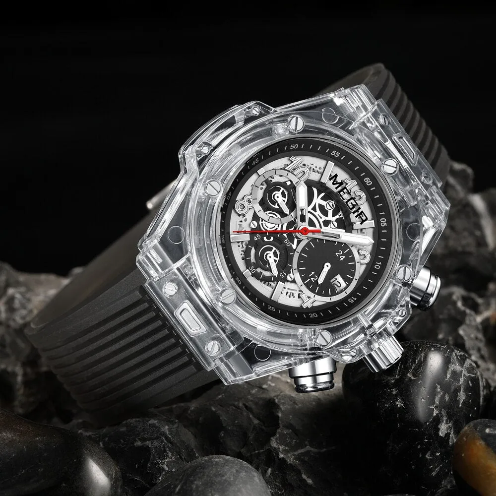 MEGIR Fashion Chronograph Men Watches Transparent Case Silicone Band Sport Wristwatch Top Brand Luxury Quartz Clock with Date
