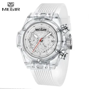 MEGIR Fashion Chronograph Men Watches Transparent Case Silicone Band Sport Wristwatch Top Brand Luxury Quartz Clock with Date