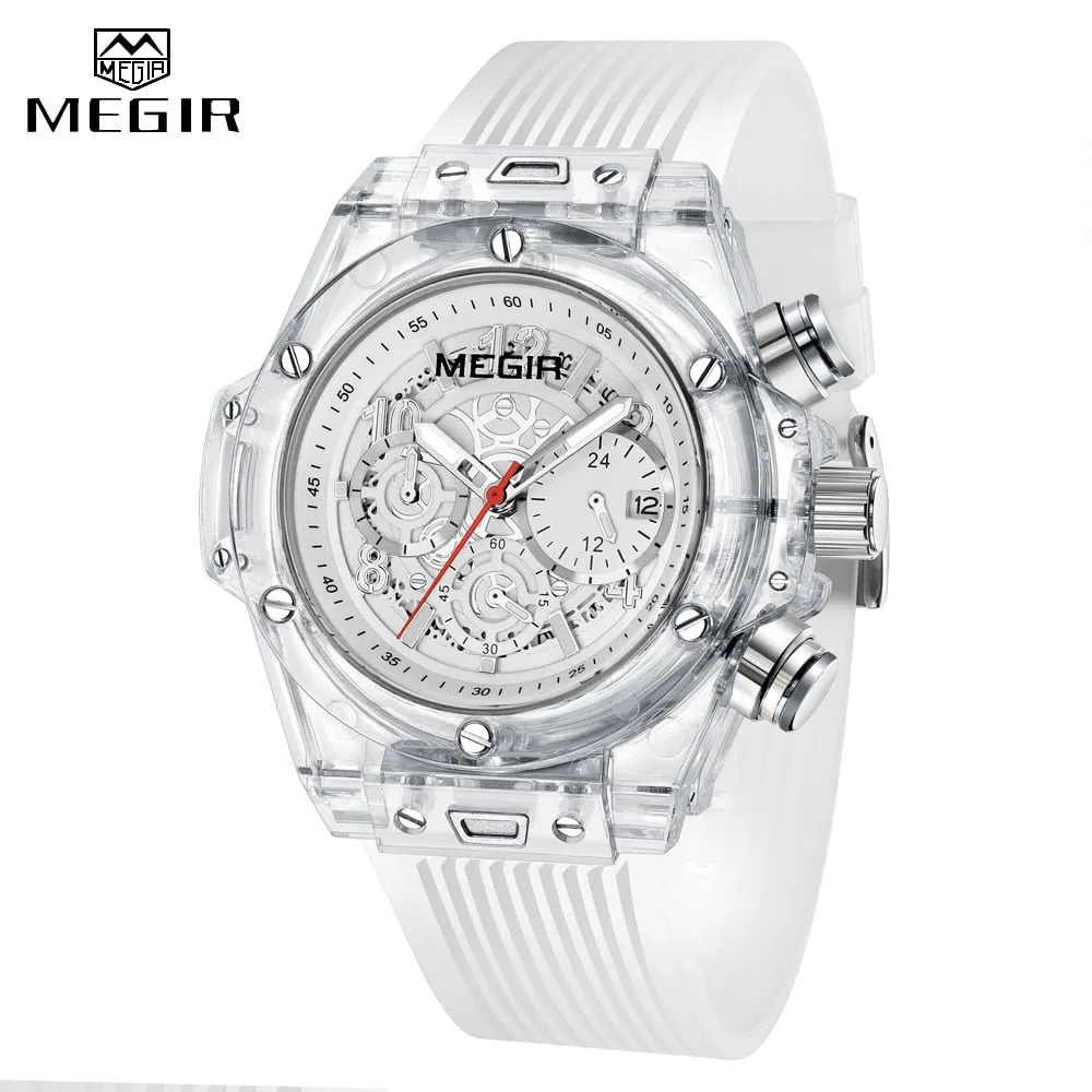 MEGIR Fashion Chronograph Men Watches Transparent Case Silicone Band Sport Wristwatch Top Brand Luxury Quartz Clock with Date