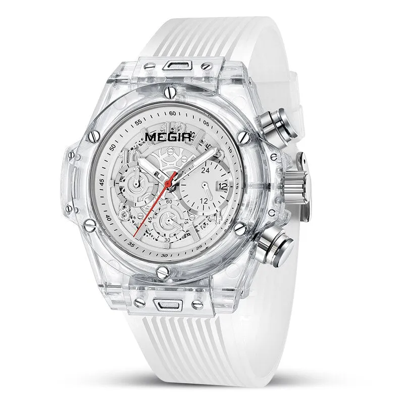 MEGIR Fashion Chronograph Men Watches Transparent Case Silicone Band Sport Wristwatch Top Brand Luxury Quartz Clock with Date