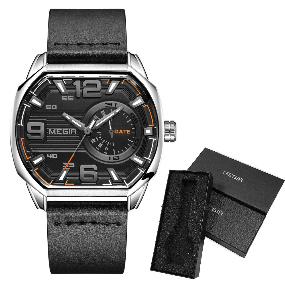 MEGIR Octagon Dial Watch For Men Leather Strap Quartz Watches With Auto Date Luminous Hands Casual Waterproof Male WristWatch