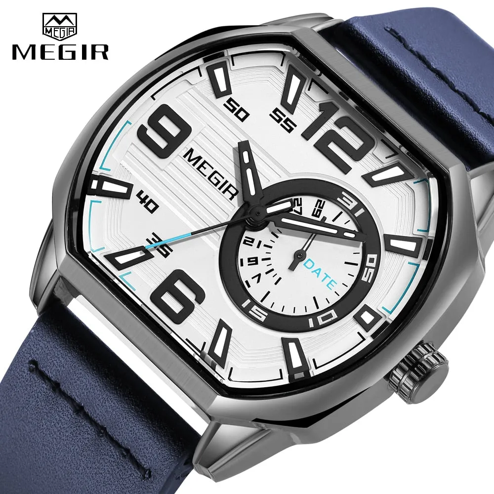 MEGIR Octagon Dial Watch For Men Leather Strap Quartz Watches With Auto Date Luminous Hands Casual Waterproof Male WristWatch
