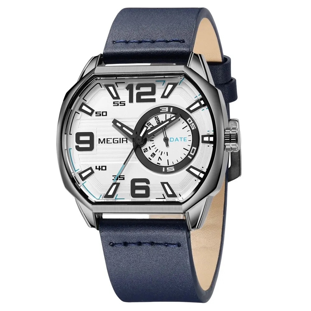 MEGIR Octagon Dial Watch For Men Leather Strap Quartz Watches With Auto Date Luminous Hands Casual Waterproof Male WristWatch
