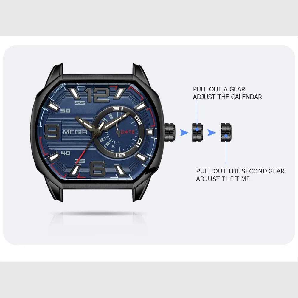 MEGIR Octagon Dial Watch For Men Leather Strap Quartz Watches With Auto Date Luminous Hands Casual Waterproof Male WristWatch