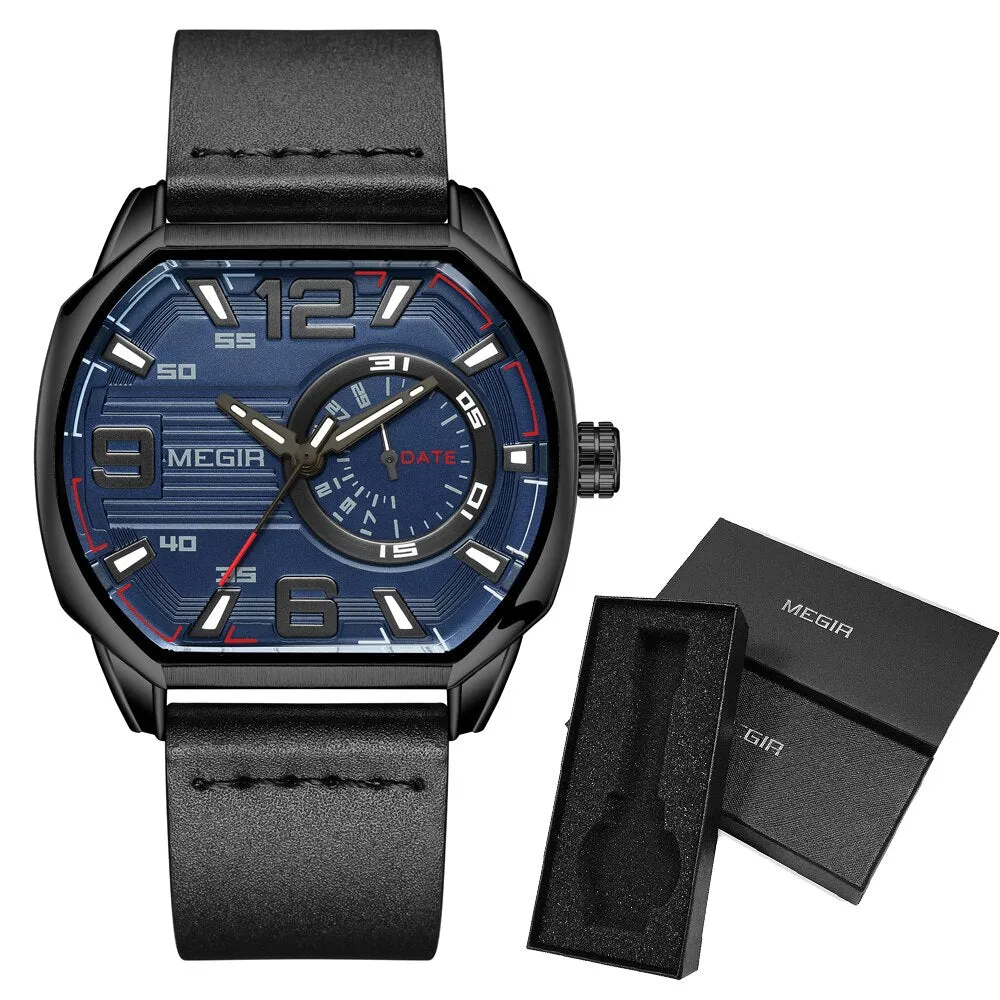 MEGIR Octagon Dial Watch For Men Leather Strap Quartz Watches With Auto Date Luminous Hands Casual Waterproof Male WristWatch