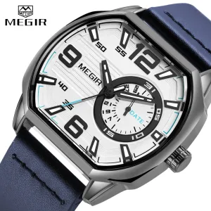 MEGIR Octagon Dial Watch For Men Leather Strap Quartz Watches With Auto Date Luminous Hands Casual Waterproof Male WristWatch