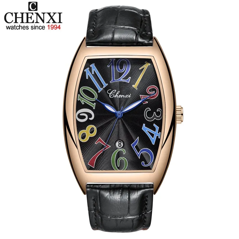 Men Watches Top Brand Luxury CHENXI Tonneau Quartz Watch Men Leather Waterproof 30M Watches Business Fashion Date Male Clock