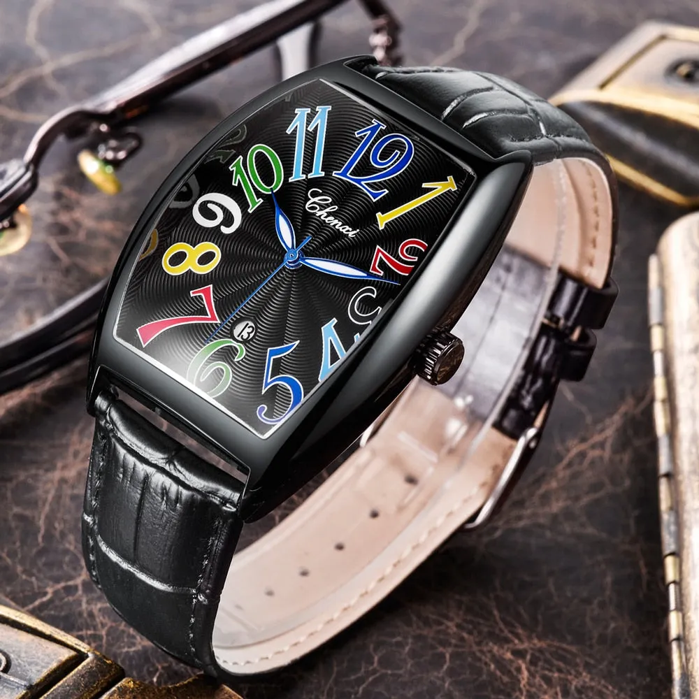 Men Watches Top Brand Luxury CHENXI Tonneau Quartz Watch Men Leather Waterproof 30M Watches Business Fashion Date Male Clock