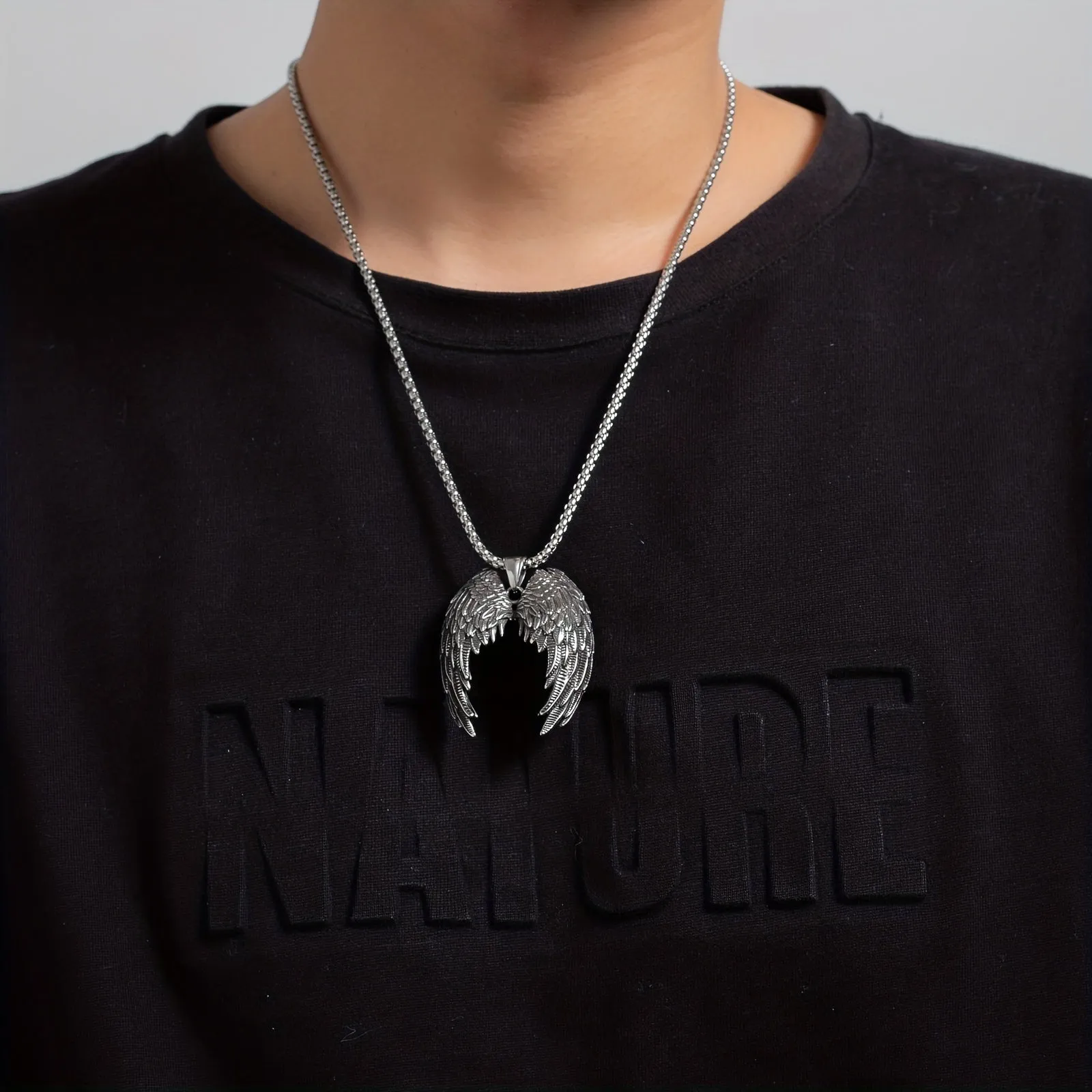 Men's Angel Wings Feather Pendant Necklace Retro Punk Style