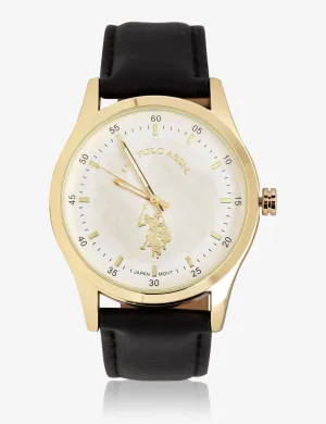 MEN'S DARK BROWN FAUX-LEATHER WATCH WITH GOLD TONE FACE