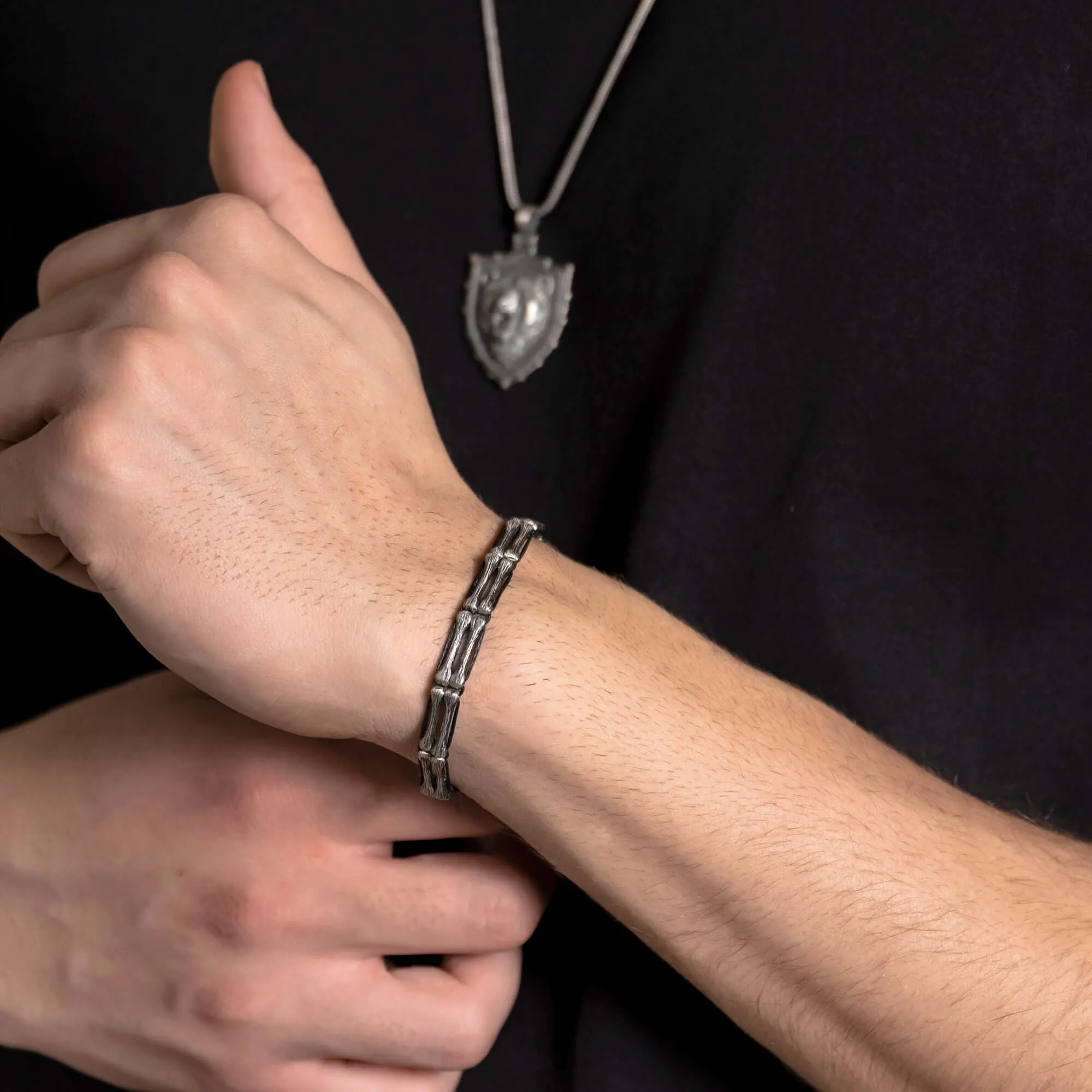 Men's Handmade Strand Bracelet Silver Bones & Black Thread