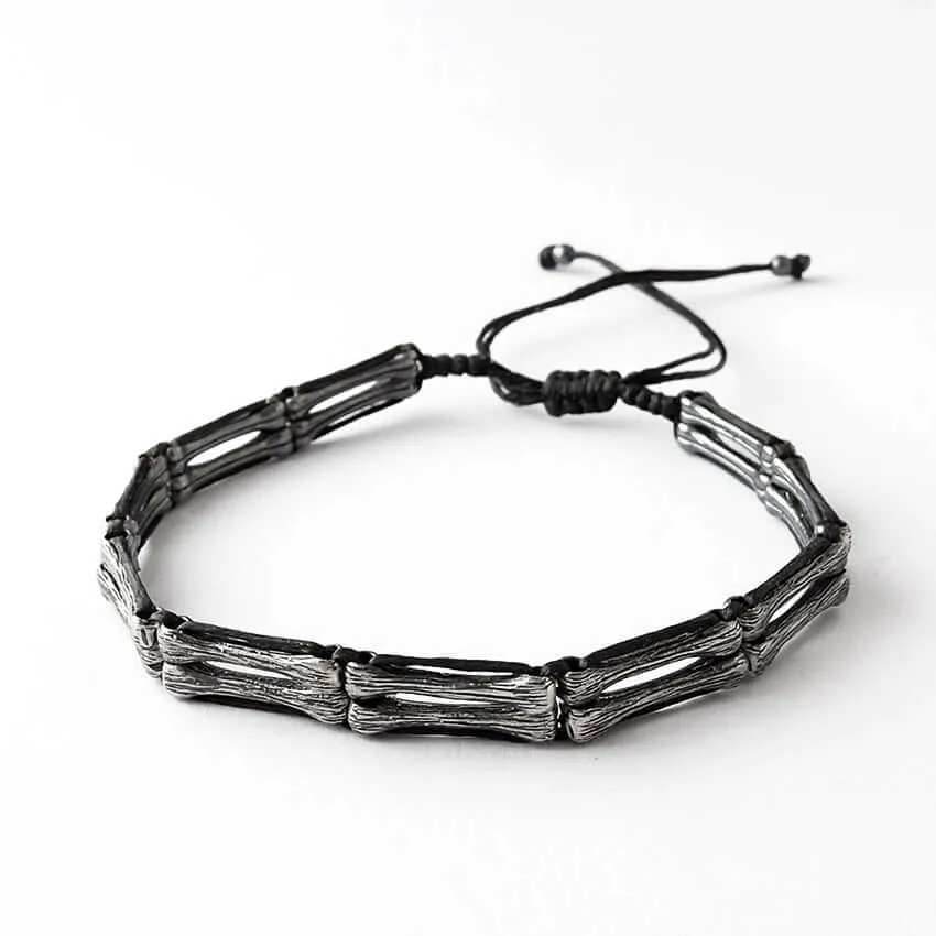 Men's Handmade Strand Bracelet Silver Bones & Black Thread