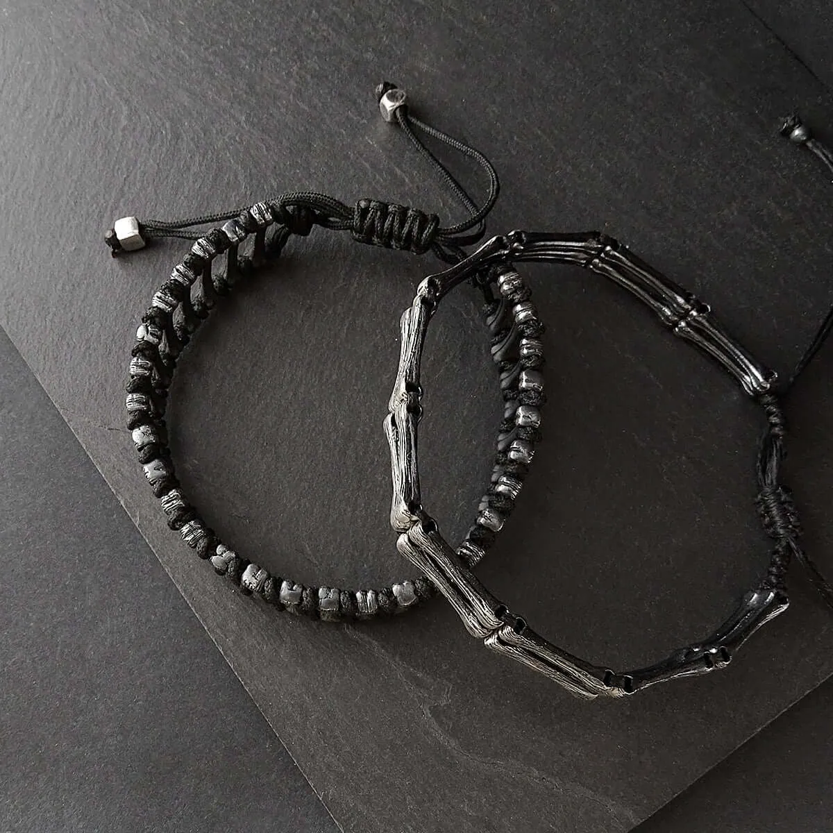 Men's Handmade Strand Bracelet Silver Bones & Black Thread