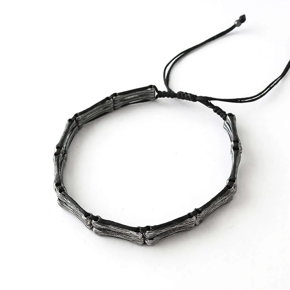 Men's Handmade Strand Bracelet Silver Bones & Black Thread