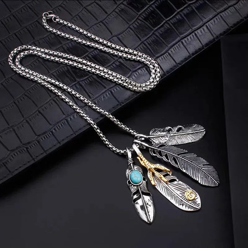 Men's Titanium Steel Feather Necklace Student Bungee Sweater Chain