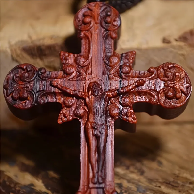 Men's Wooden Cross Pendant Necklace Red Sandalwood Christian Religious Jewelry