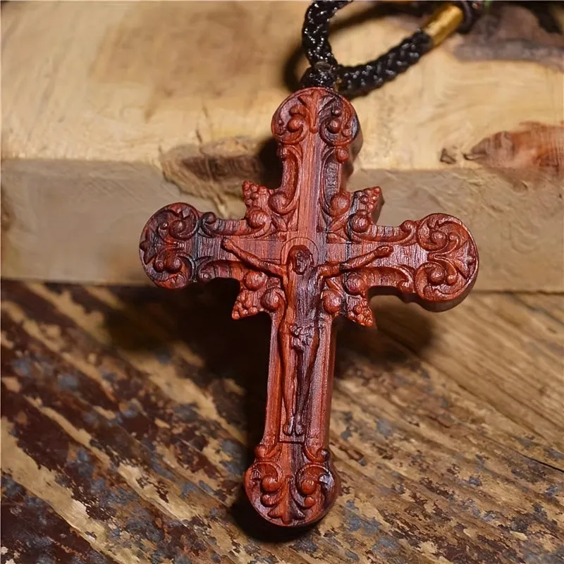 Men's Wooden Cross Pendant Necklace Red Sandalwood Christian Religious Jewelry