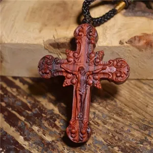 Men's Wooden Cross Pendant Necklace Red Sandalwood Christian Religious Jewelry