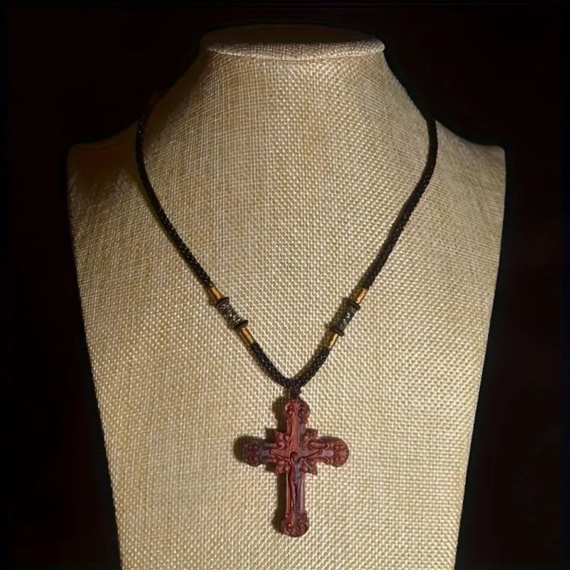 Men's Wooden Cross Pendant Necklace Red Sandalwood Christian Religious Jewelry