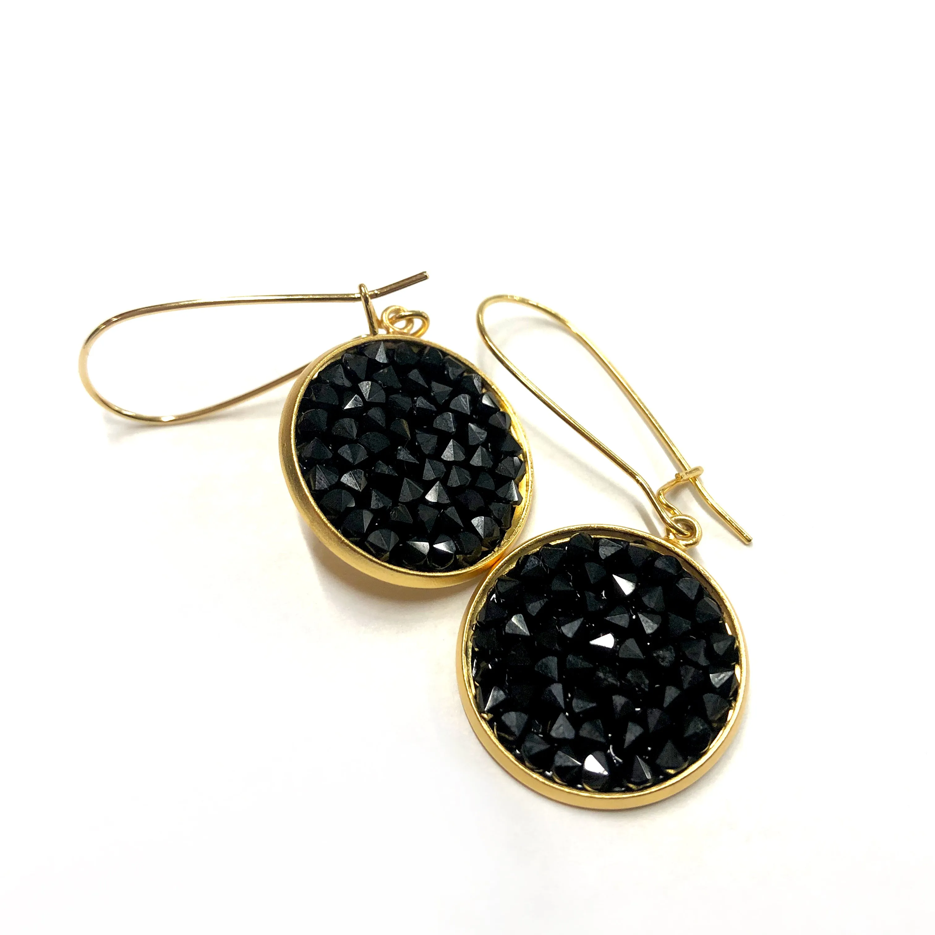 Mia- 24K gold and black Swarovski crystal pave disc earrings
