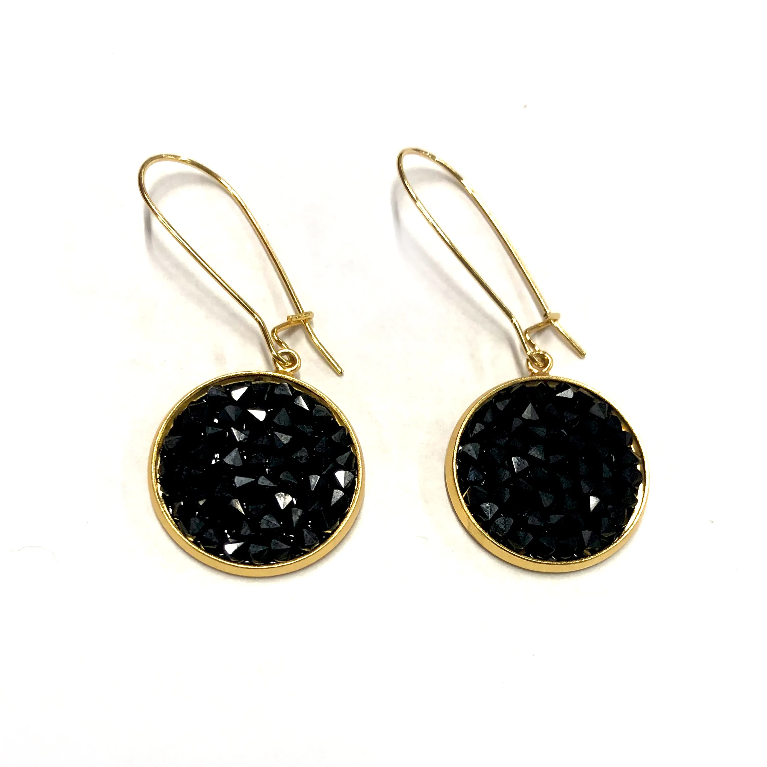 Mia- 24K gold and black Swarovski crystal pave disc earrings