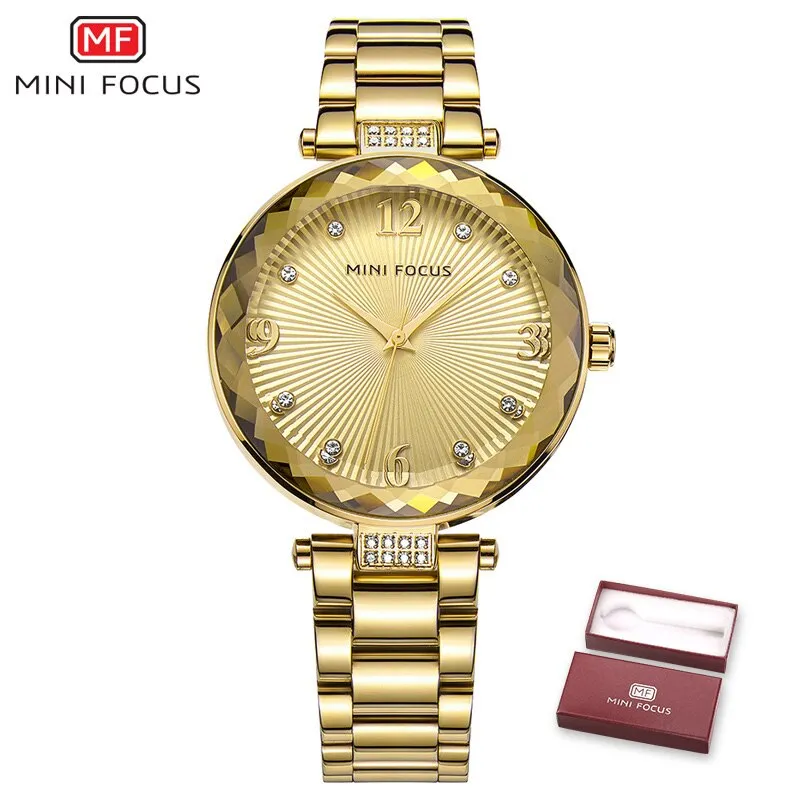 MINI FOCUS 2022 New Watch Women Casual Fashion Leather &amp; Stainless Steel Band Quartz Wristwatches Diamond Gold Watches Lady Gift
