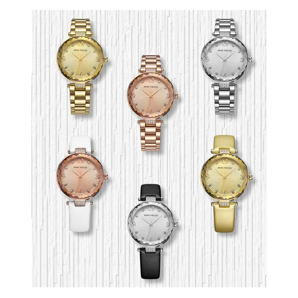 MINI FOCUS 2022 New Watch Women Casual Fashion Leather &amp; Stainless Steel Band Quartz Wristwatches Diamond Gold Watches Lady Gift