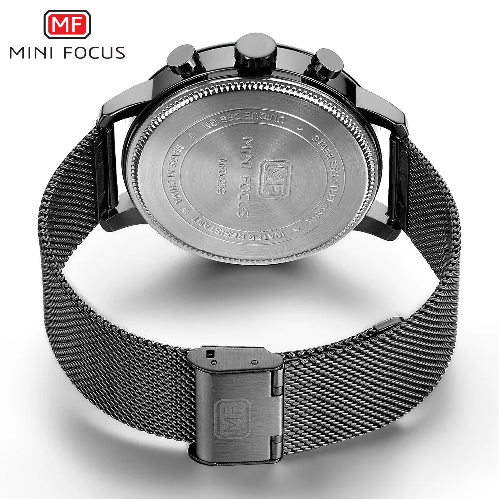 MINI FOCUS Mens Watches Fashion Casual Black Quartz Watch Men Waterproof Stainless Steel Clock Calendar Display Male Wristwatch