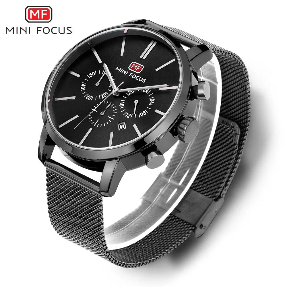 MINI FOCUS Mens Watches Fashion Casual Black Quartz Watch Men Waterproof Stainless Steel Clock Calendar Display Male Wristwatch