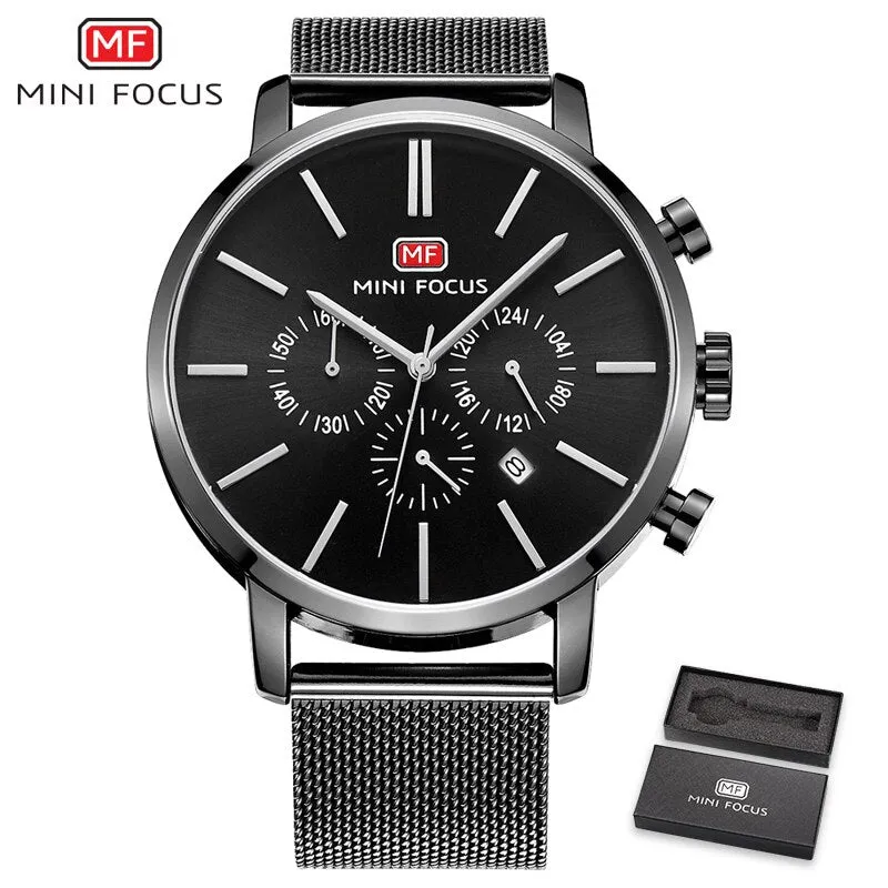 MINI FOCUS Mens Watches Fashion Casual Black Quartz Watch Men Waterproof Stainless Steel Clock Calendar Display Male Wristwatch