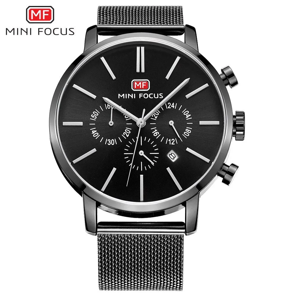 MINI FOCUS Mens Watches Fashion Casual Black Quartz Watch Men Waterproof Stainless Steel Clock Calendar Display Male Wristwatch