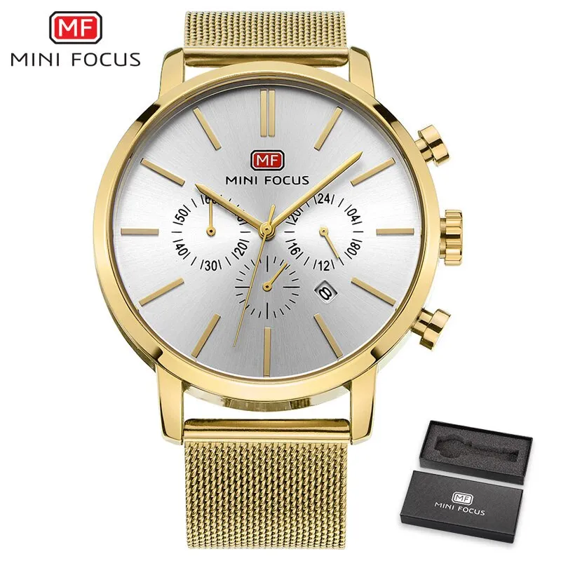 MINI FOCUS Mens Watches Fashion Casual Black Quartz Watch Men Waterproof Stainless Steel Clock Calendar Display Male Wristwatch