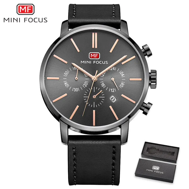 MINI FOCUS Mens Watches Fashion Casual Black Quartz Watch Men Waterproof Stainless Steel Clock Calendar Display Male Wristwatch