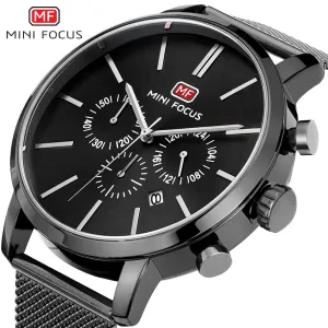 MINI FOCUS Mens Watches Fashion Casual Black Quartz Watch Men Waterproof Stainless Steel Clock Calendar Display Male Wristwatch