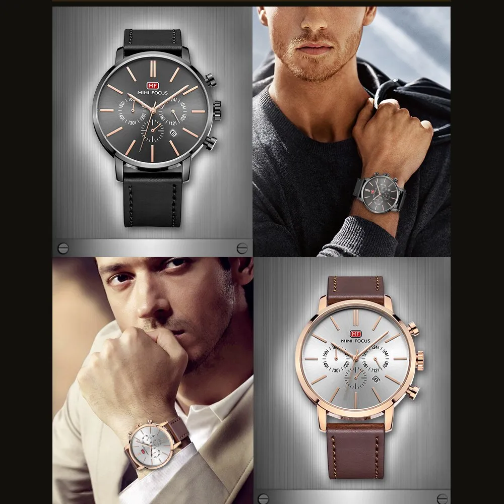 MINI FOCUS Mens Watches Fashion Casual Black Quartz Watch Men Waterproof Stainless Steel Clock Calendar Display Male Wristwatch