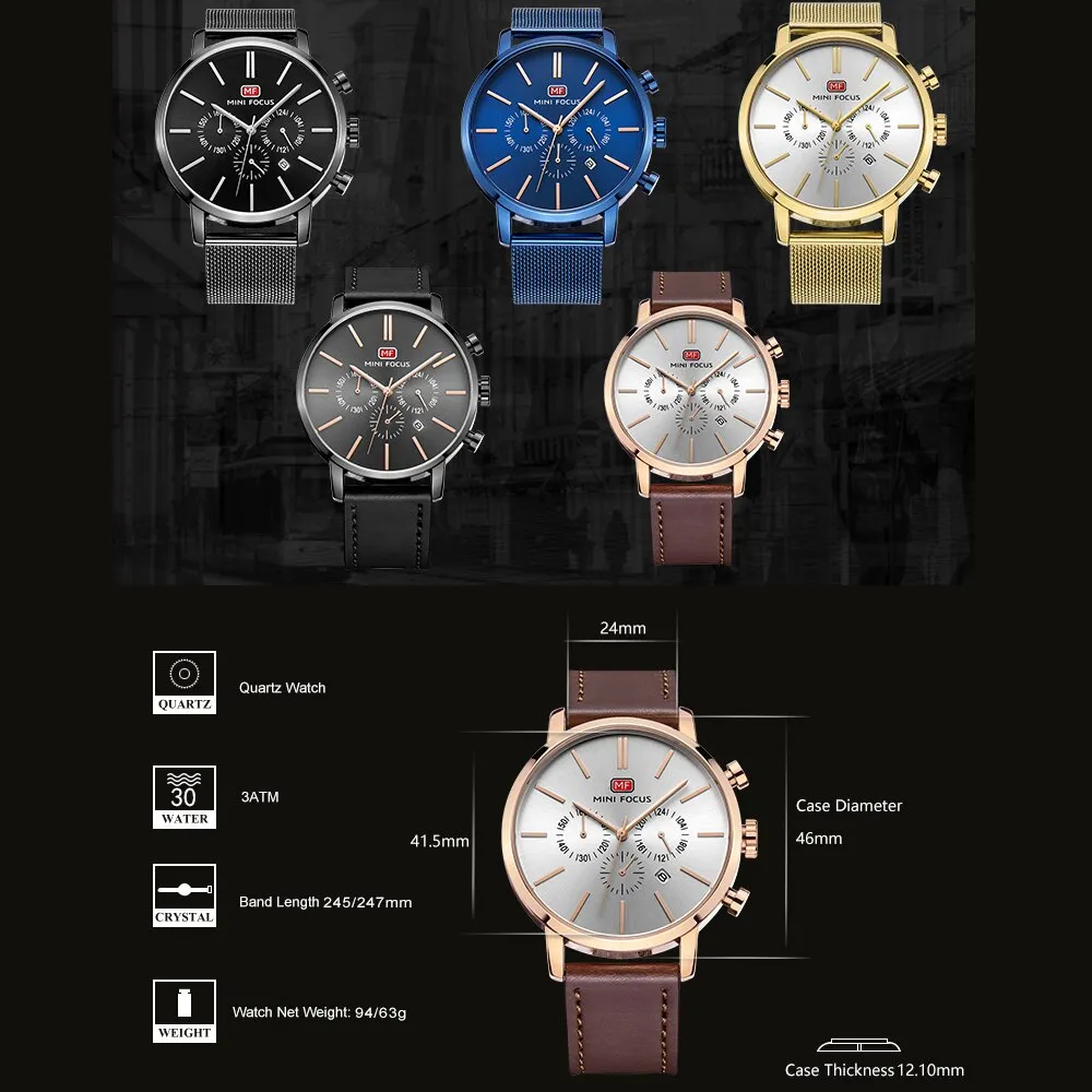 MINI FOCUS Mens Watches Fashion Casual Black Quartz Watch Men Waterproof Stainless Steel Clock Calendar Display Male Wristwatch