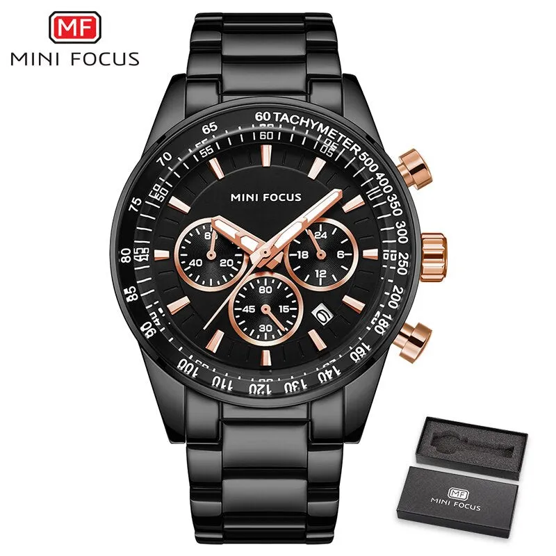 MINI FOCUS Mens Watches Top Brand Luxury Black Steel Quartz Watch Date 24 Hour Business Men Casual Sport Chronograph Wristwatch
