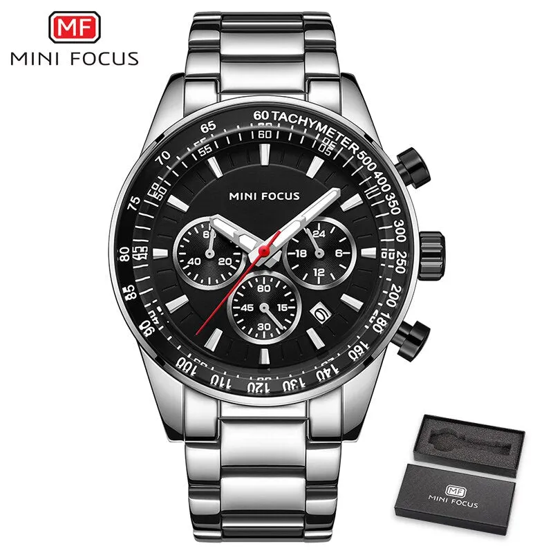 MINI FOCUS Mens Watches Top Brand Luxury Black Steel Quartz Watch Date 24 Hour Business Men Casual Sport Chronograph Wristwatch