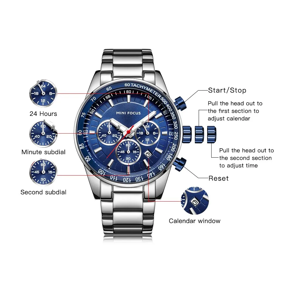 MINI FOCUS Mens Watches Top Brand Luxury Black Steel Quartz Watch Date 24 Hour Business Men Casual Sport Chronograph Wristwatch