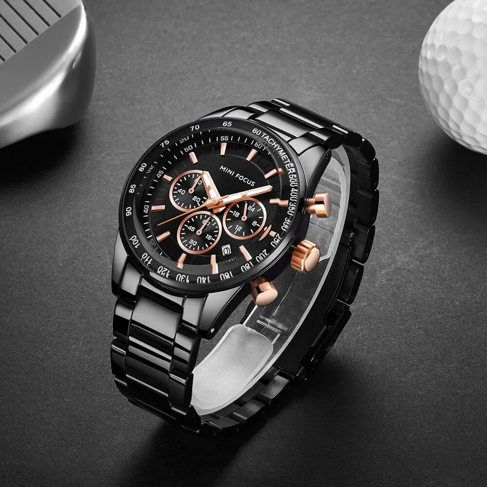 MINI FOCUS Mens Watches Top Brand Luxury Black Steel Quartz Watch Date 24 Hour Business Men Casual Sport Chronograph Wristwatch