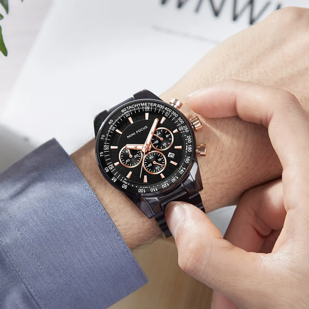 MINI FOCUS Mens Watches Top Brand Luxury Black Steel Quartz Watch Date 24 Hour Business Men Casual Sport Chronograph Wristwatch