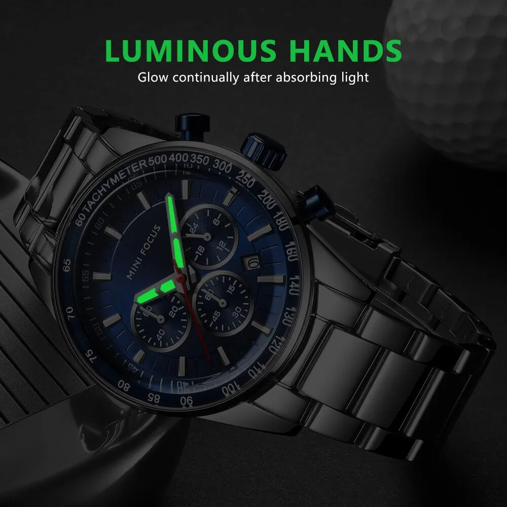MINI FOCUS Mens Watches Top Brand Luxury Black Steel Quartz Watch Date 24 Hour Business Men Casual Sport Chronograph Wristwatch