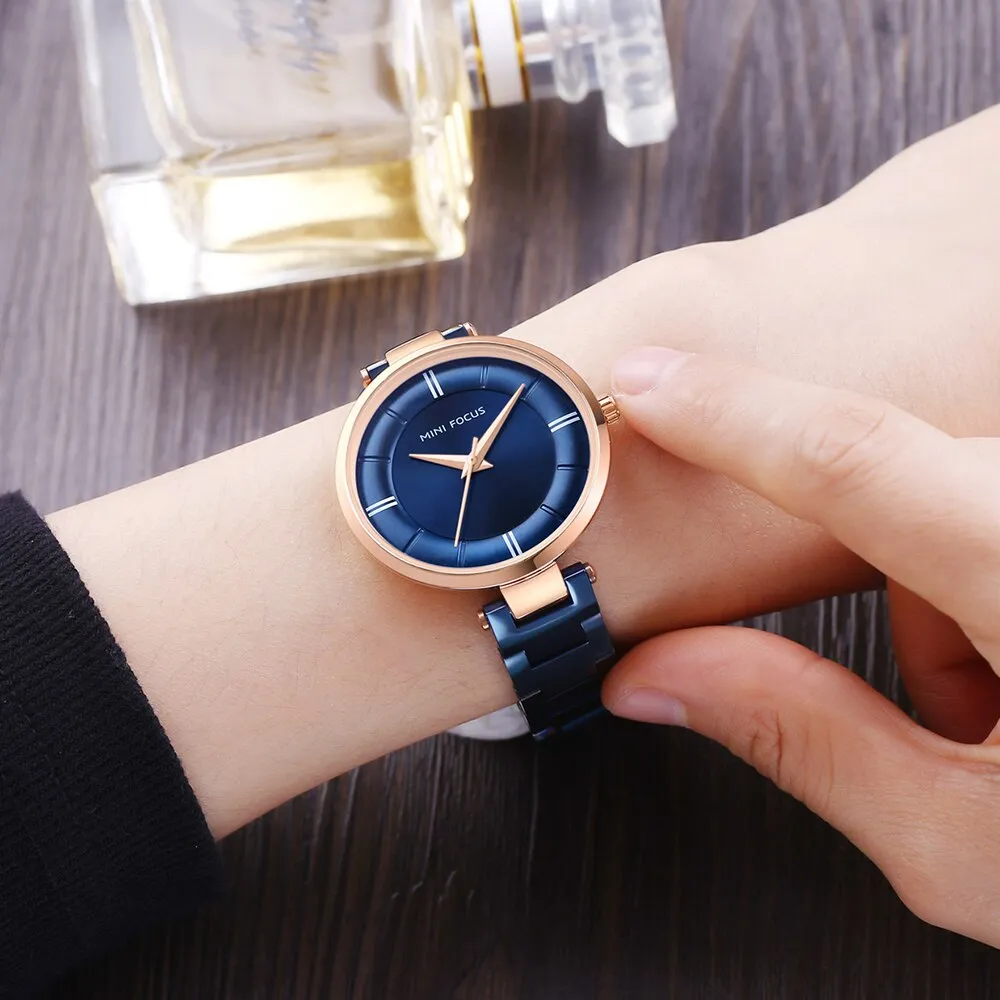 MINI FOCUS Women Fashion Blue Quartz Watch Lady Stainless Stee Watchband High Quality Casual Dress Wristwatch Gift for Ladies
