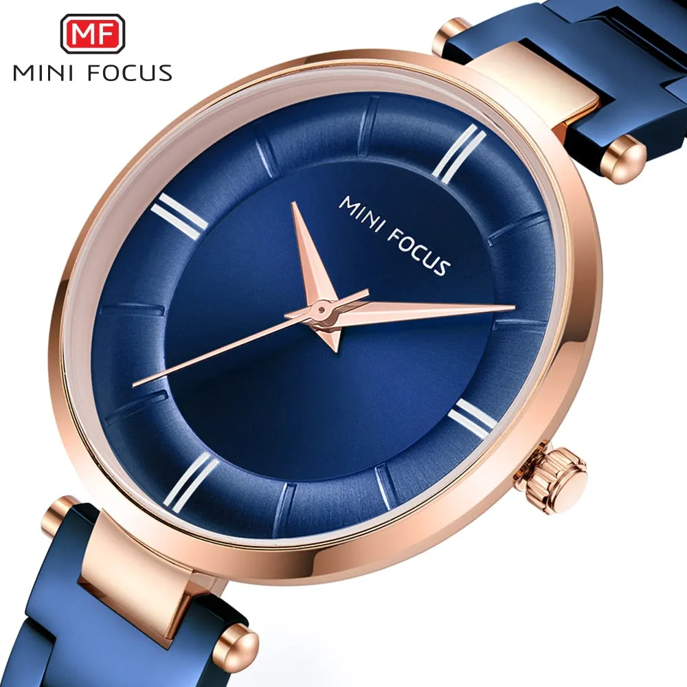 MINI FOCUS Women Fashion Blue Quartz Watch Lady Stainless Stee Watchband High Quality Casual Dress Wristwatch Gift for Ladies