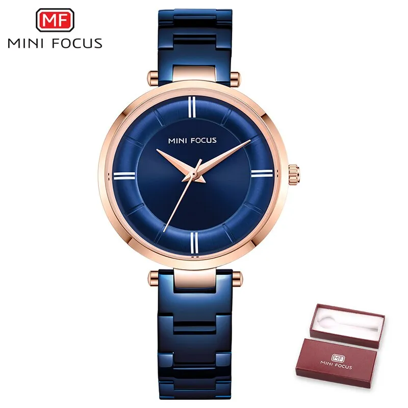 MINI FOCUS Women Fashion Blue Quartz Watch Lady Stainless Stee Watchband High Quality Casual Dress Wristwatch Gift for Ladies
