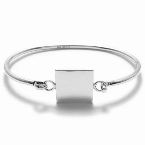 Modern Sterling Silver 7" Bangle Bracelet with Square Engravable Plate.