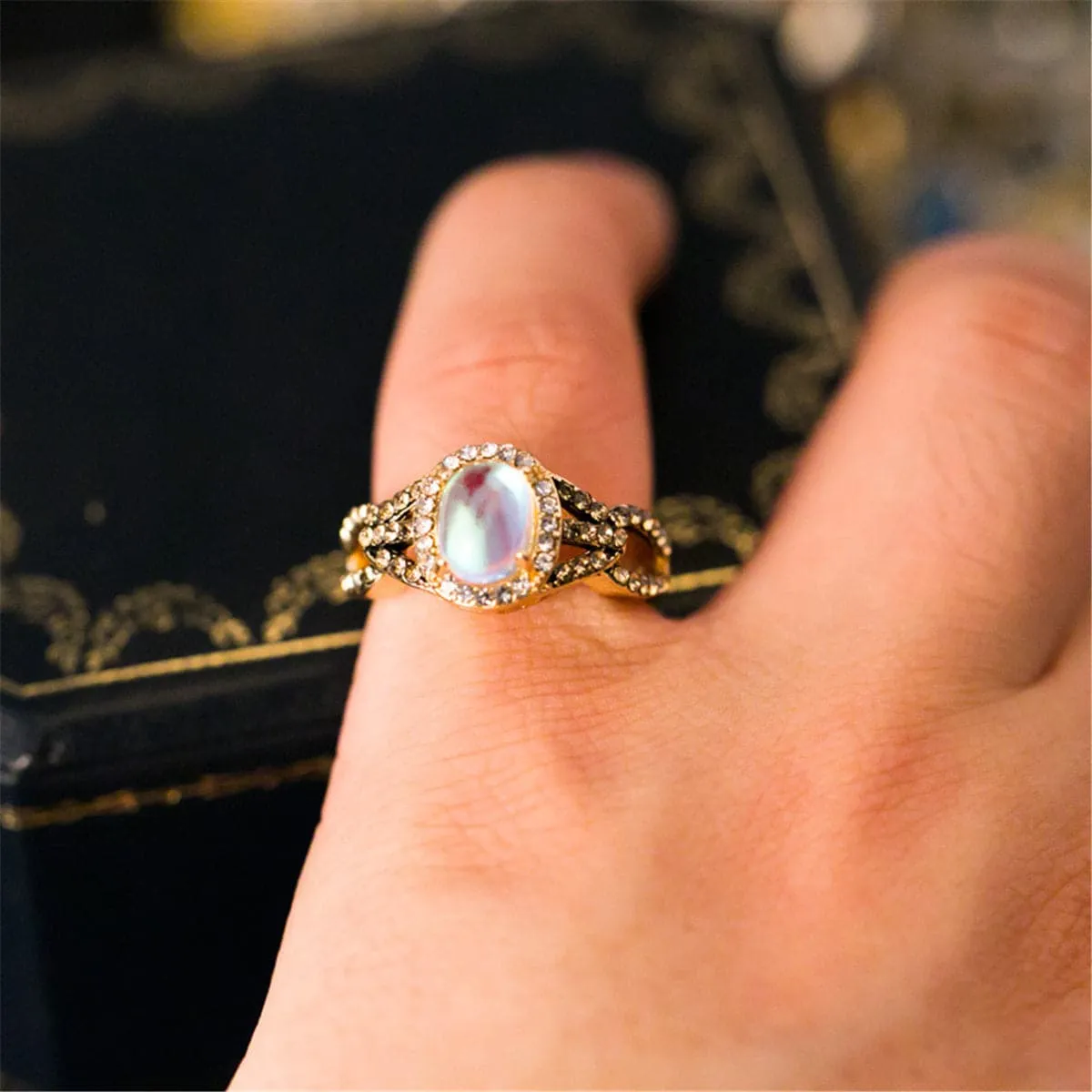Moonstone & Crystal 18k Gold-Plated Hollow Halo Ring
