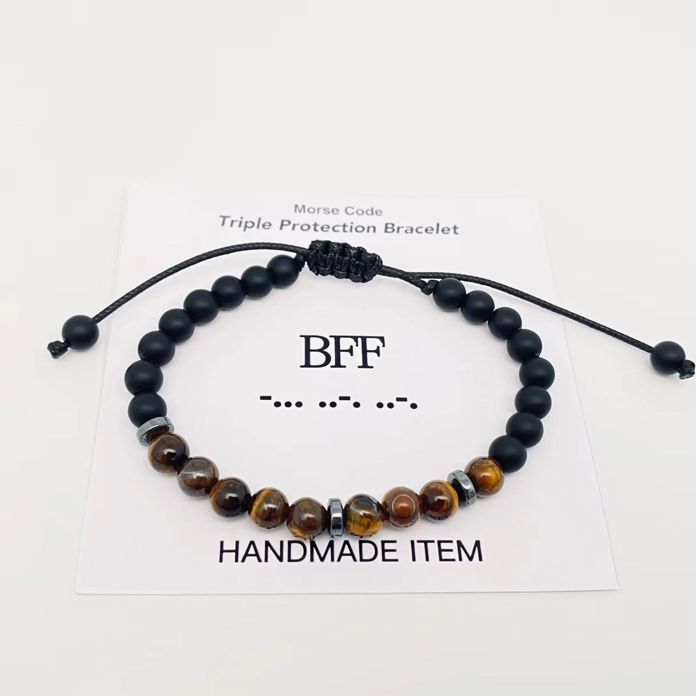 Morse Code 6mm Tiger's Eye Stone Beads Stretchable Bracelet: MISS YOU