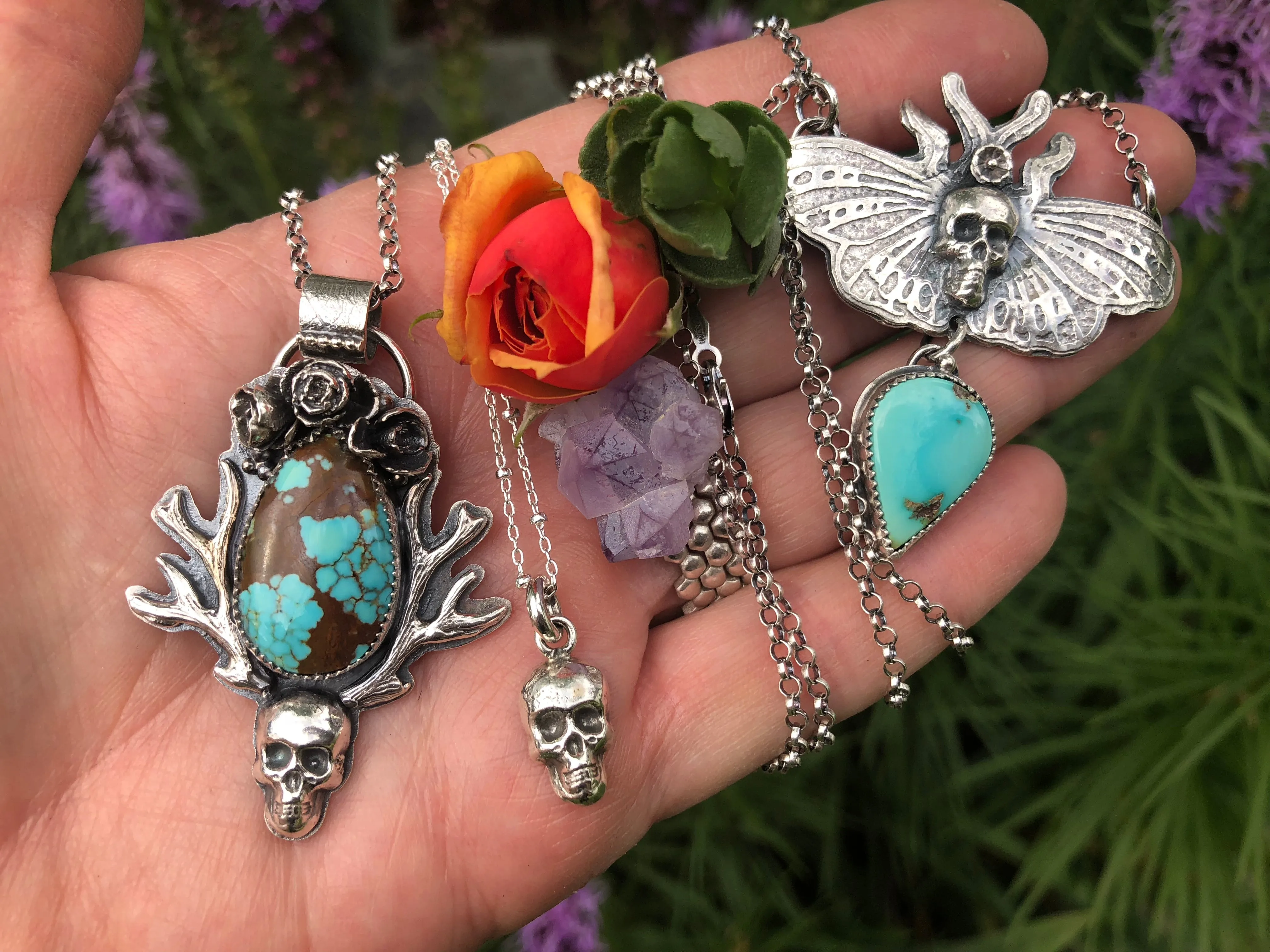 Moth and Skull Turquoise Necklace